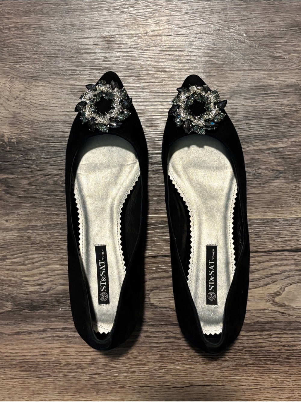 Black Embellished Pointed Toe Flats